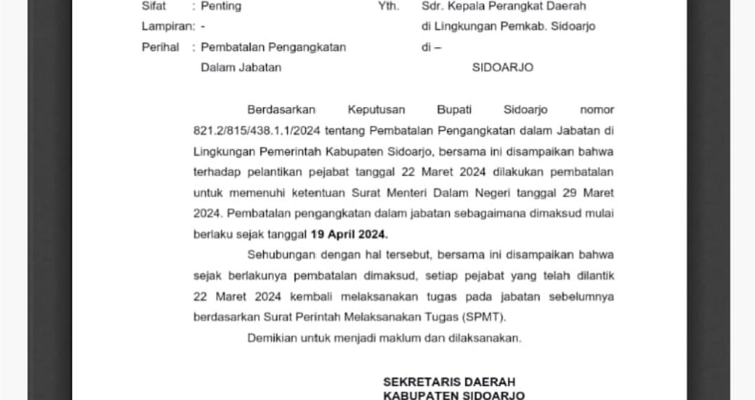 Langgar Aturan Mendagri, Pemkab Sidoarjo Batalkan Mutasi 500 Pejabat