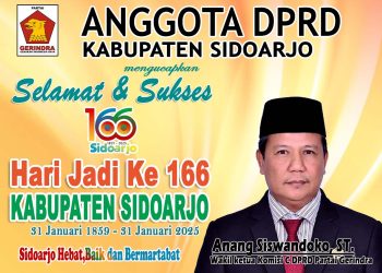 Anggota DPRD Sidoarjo dari Fraksi Partai Gerindra Anang Siswandoko ST Mengucapkan Selamat dan Sukses Hari Jadi Kabupaten Sidoarjo ke-166
