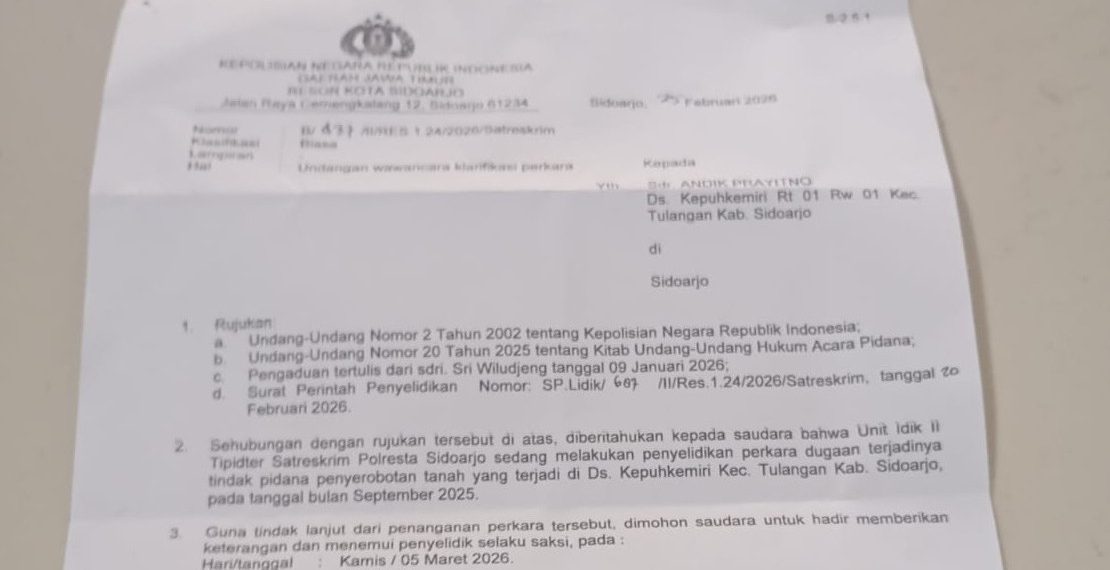 Dilaporkan Serobot Tanah, Polresta Sidoarjo Periksa Terlapor Pemilik Sertifikat Tanah Andik Prayitno
