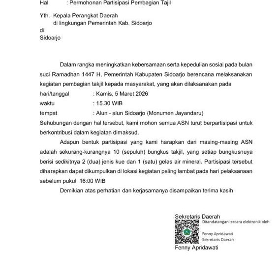 Bupati Subandi Akan Bagi Takjil, Sekda Kerahkan ASN Sidoarjo Ikut Menyumbang