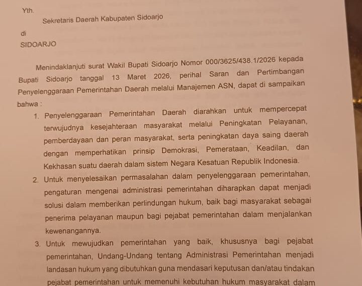 Wabup Mimik Idayana Surati Sekda Sidoarjo Ingatkan Larangan Lampaui Wewenang