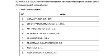 Sebanyak 30 Calon Direksi PDAM Delta Tirta Sidoarjo Lolos Seleksi Administrasi