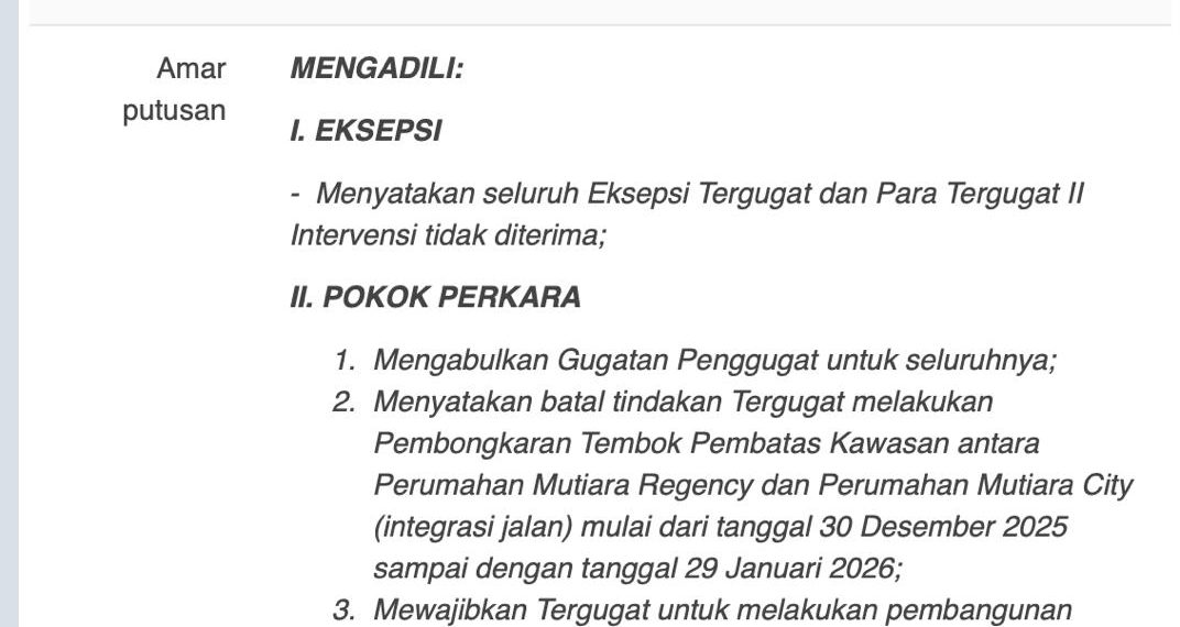 Warga Perumahan Mutiara Regency Bersyukur, PTUN Menangkan Gugatan Ketua RW Suhartono Lawan Bupati Subandi