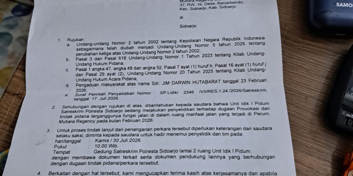 Penyidik Polresta Sidoarjo Periksa Tokoh Warga Mutiara Regency Cari Provokator Pembangun Tembok Dibongkar