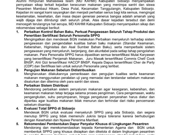 Keracunan MBG Timpa Santri dan Siswa Pesantren Manbaul Hikam, MD KAHMI Sidoarjo Desak BGN Evaluasi Total SPPG Sidoarjo